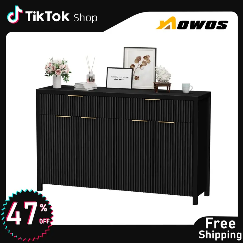 【FallDealsForYou】AOWOS Modern Fluted Sideboard, Sideboard Cabinet, Wooden Dresser for Bedroom with 2 Wide Drawers, Entryw...