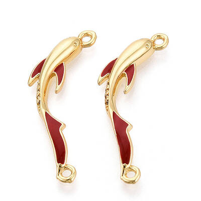 Brass Micro Pave Clear Cubic Zirconia and FireBrick Enamel Connector Charms