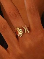 Shell & Starfish Design Cuff Ring,  Rings for Women,  Adjustable Open Ring for Women & Girls, Fashion Jewelry for Party, Dail...