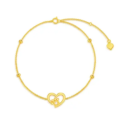 14K Gold Paw With Circular Cubic Zirconia Heart Charm Bracelet