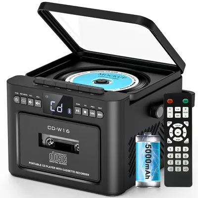 Greadio 9-in-1 Rechargeable CD Boombox with Cassette, Bluetooth, FM Radio, USB/TF/AUX, 5000mAh Battery, Remote Control, for H...