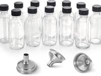 12 Pack, 2 oz Small Clear Glass Bottles w/Lid & 3 Funnels - 60ml Boston Shot Bottles for Health, Immunity, Potion, Wellness, ...