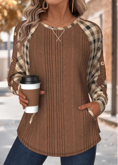Modlily Dark Coffee Tummy Coverage Plaid Long Sleeve Sweatshirt - XL