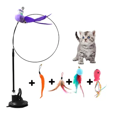 Suction cup cat teaser stick, cat feather toy with strong suction cup, cartoon feather lure, simulate birds, plastic material...