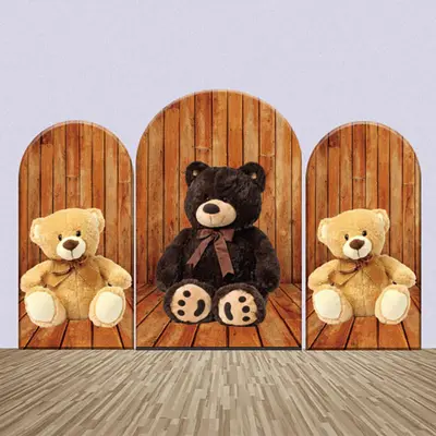 Cute Brown Teddy Bears Wood Wall Arch Backdrop Kit - Aperturee