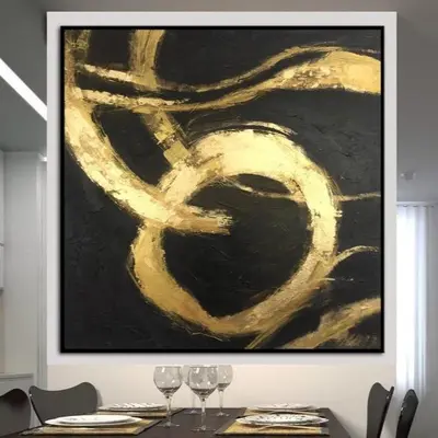 Black Painting Original Painting Gold Leaf Paintings On Canvas Abstract Artwork for Hotel Decor | GOLDEN THREADS