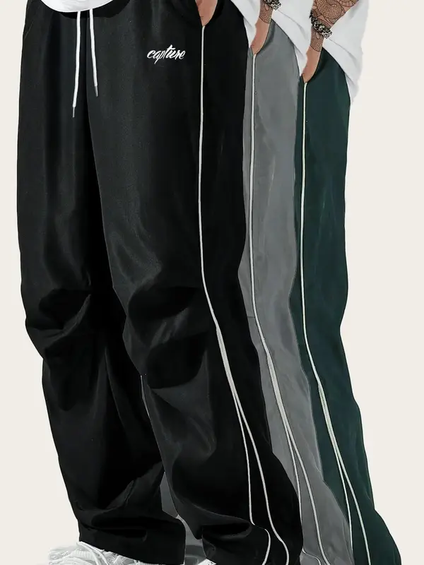 Men's Letter Print Drawstring Waist Pants, Casual Comfy Contrast Binding Pocket Straight Leg Trousers for Daily Wear, Unisex ...