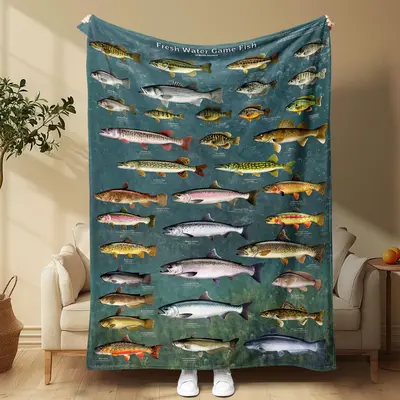 Freshwater Game Fish Pattern Blanket, 1/2 Counts Soft and Comfortable Air-conditioned Room Throw, Warm Nap Blanket for Home, ...