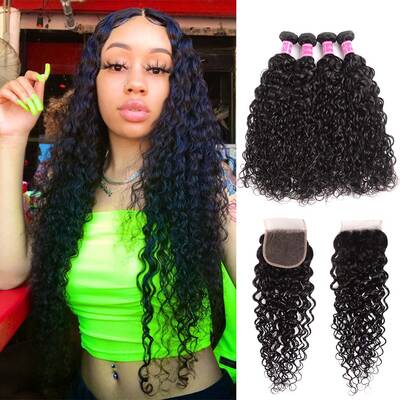 Fashion Water Wave Human Hair 4 Bundles with Closure Brazilian Hair-AshimaryHair.com