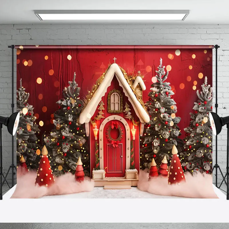 Retro Red Wall Trees Bokeh Christmas Photo Backdrop
