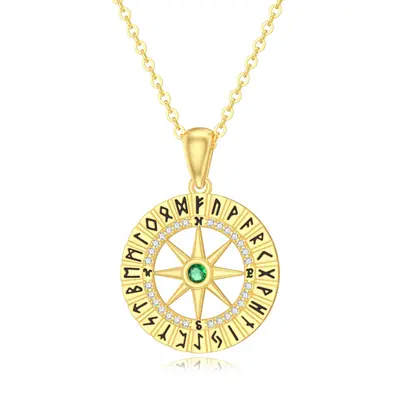 14K Gold Circular Cubic Zirconia Compass Pendant Necklace
