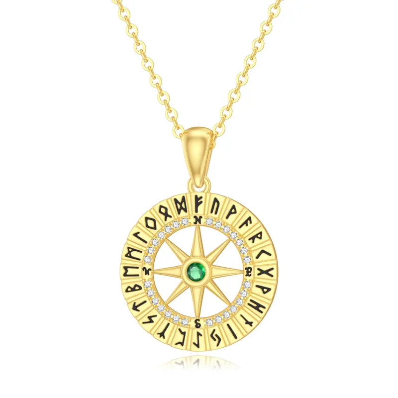 14K Gold Circular Cubic Zirconia Compass Pendant Necklace