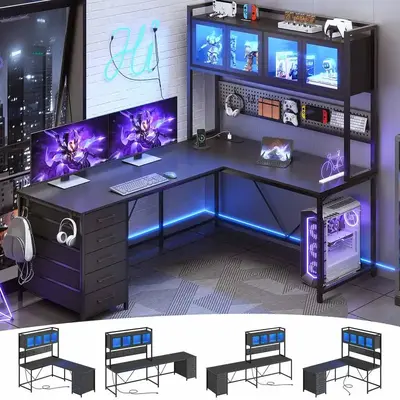 Sikaic 62 Inches LED Reversible L Shaped Gaming Desk With Power Outlet Storage Drawers Hutch and Pegboard Furniture Computer ...