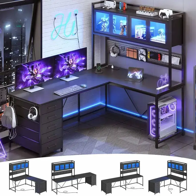Sikaic 62 Inches LED Reversible L Shaped Gaming Desk With Power Outlet Storage Drawers Hutch and Pegboard Furniture Computer ...