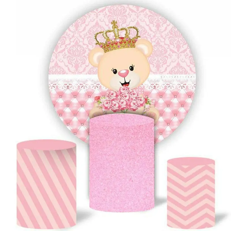 Aperturee Pink Floral And Bear Round Girls Birthday Backdrop Kit | Circle Party Backdrop | Round Backdrop Fabric Cover | Circ...