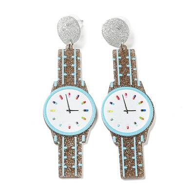 Sparkling Acrylic Watch Dangle Stud Earrings with 304 Stainless Steel Pins