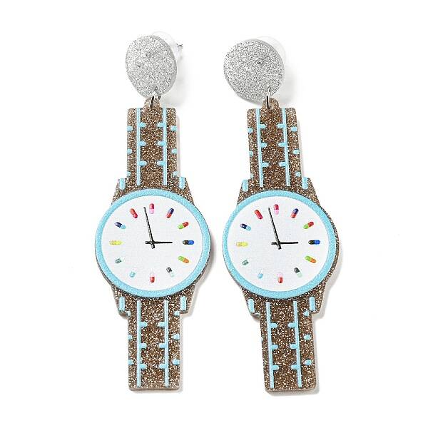 Sparkling Acrylic Watch Dangle Stud Earrings with 304 Stainless Steel Pins