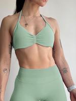 Women's Solid Color Ruched Design Halter Sports Bra, Casual Comfy Breathable Backless Bra for Yoga Gym Workout, Ladies Sports...