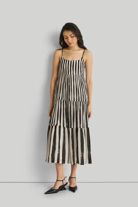 Strappy Tiered Maxi Dress in Black Stripes | Color: Striped Down | Size: XL