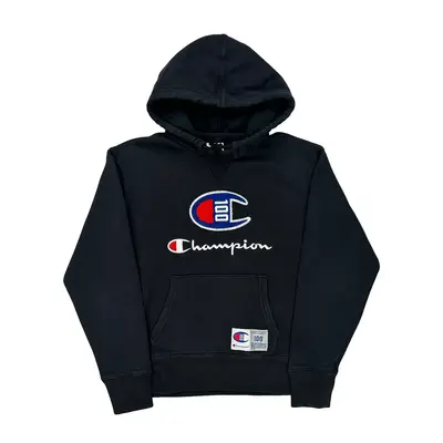 Champion 100 Logo Champion Spellout Hoodie - Medium Navy Cotton Blend