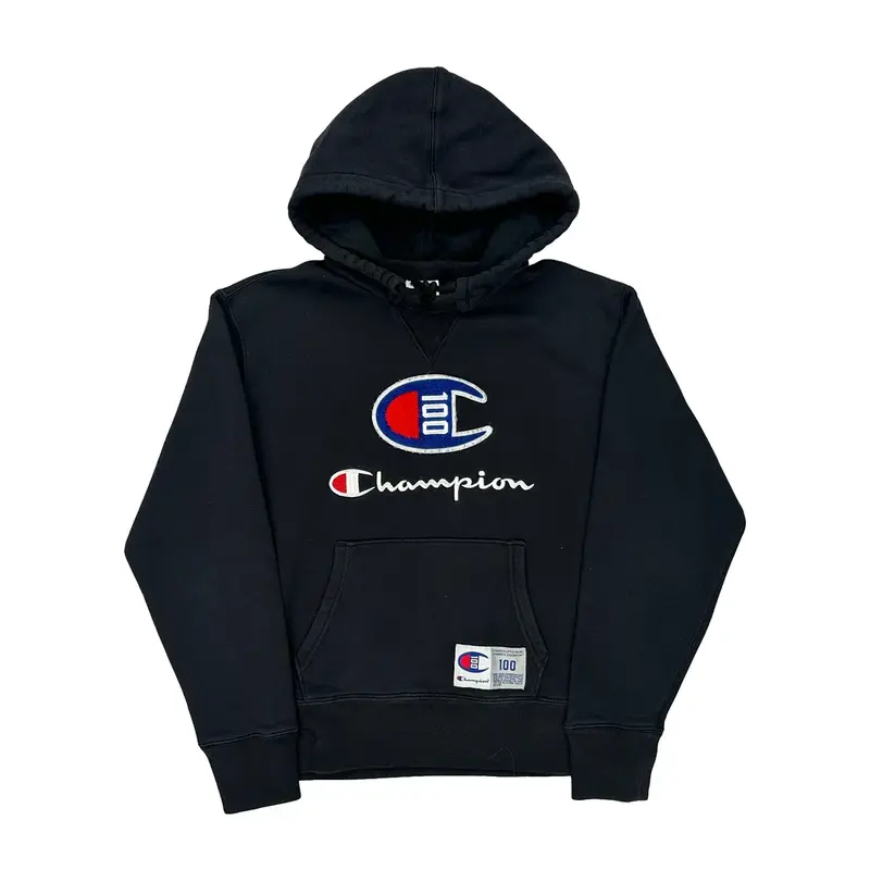 Champion 100 Logo Champion Spellout Hoodie - Medium Navy Cotton Blend