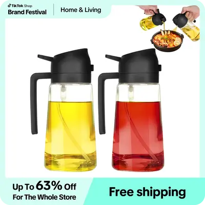 [2-PACK] KitExpert Viral Pour & Spray 2-in-1 Oil Dispenser Glass Bottle For Kitchen, 16oz Oil Spray Bottle, Olive Oil for Coo...
