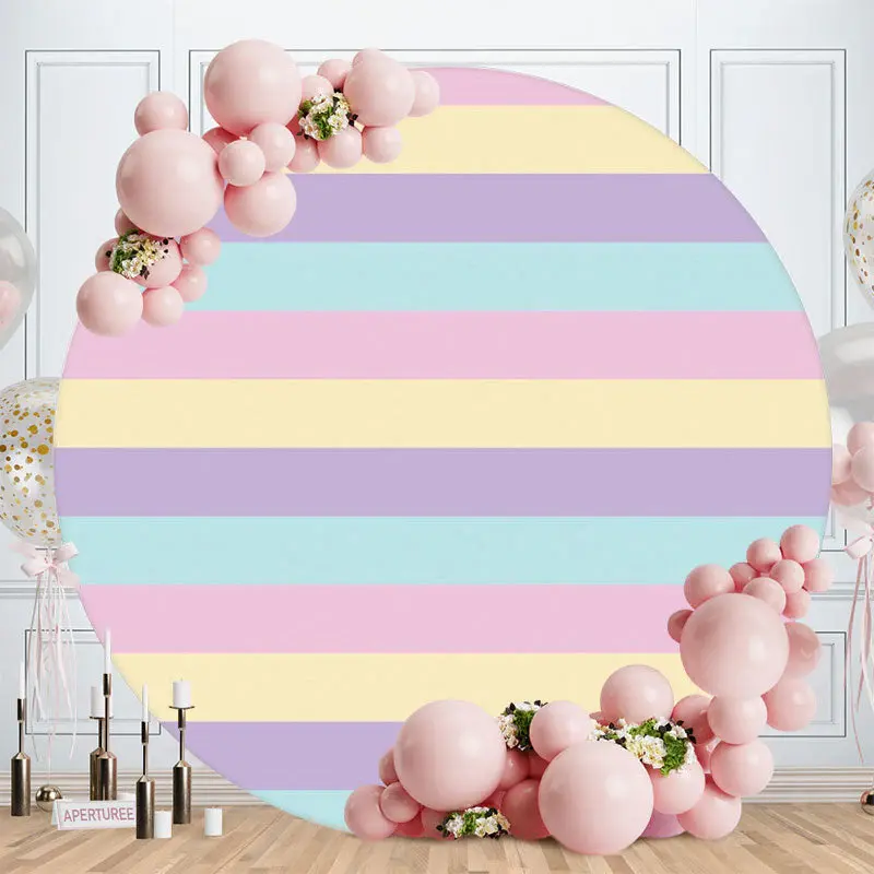 Aperturee Colorful Stripes Round Happy Birthday Party Backdrop