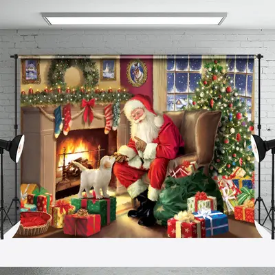 Santa And Puppy Fireplace Gift Christmas Backdrop - Aperturee