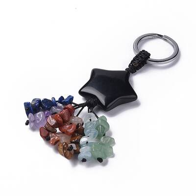 Natural Obsidian Star with Mixed Gemstone Chips Beaded Tassel Keychains