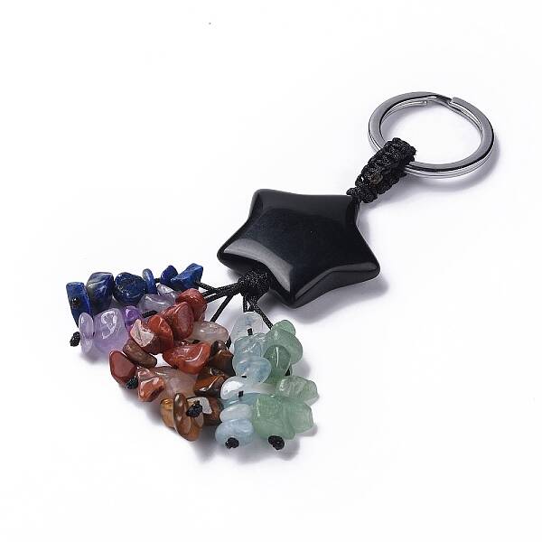 Natural Obsidian Star with Mixed Gemstone Chips Beaded Tassel Keychains