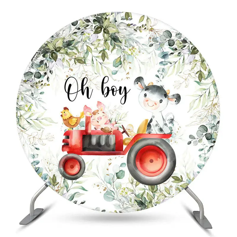 Aperturee Boho Leaf Animals Oh Boy Round Baby Shower Backdrop | Circle Background For Party | Circle Party Backdrop | Round B...