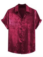 Men's Jacquard Fabric Button Front Vintage Shirt, Men's Clothing Outfits, Regular Fit Casual Short Sleeve Collar Shirt, Ba...