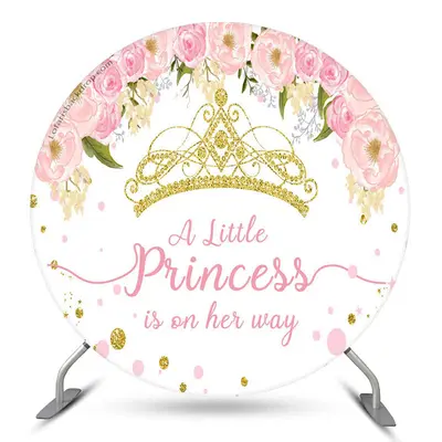 Aperturee Gold Crown Pink Floral Round Girl Baby Shower Backdrop | Baby Shower Round Backdrop | Round Baby Shower Backdrop | ...