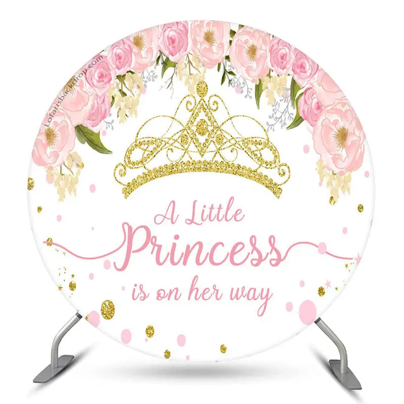 Aperturee Gold Crown Pink Floral Round Girl Baby Shower Backdrop | Baby Shower Round Backdrop | Round Baby Shower Backdrop | ...