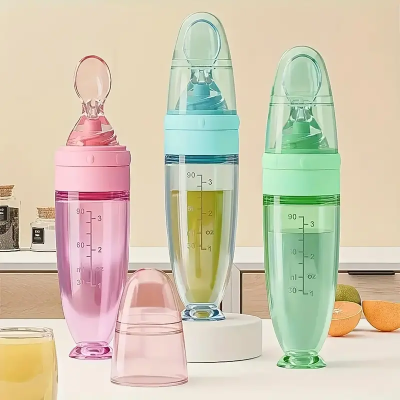 Silicone Baby Food Storage Bottle with Spoon, 1 Count Soft Squeeze Feeding Bottle with Dustproof Cover & Spoon, Baby Food Con...