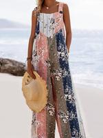 【Plus Size】 All Over Print Button Design Overall Jumpsuit, Boho Slight Stretch Casual Sleeveless Wide Leg Jumpsuit for Be...