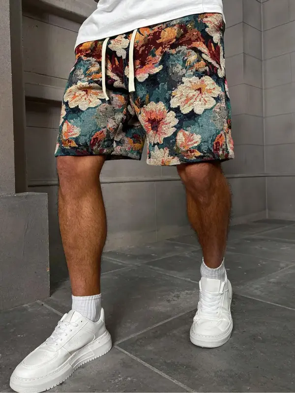 【Please Purchase A Size Up】Men's Floral Jacquard Drawstring Waist Shorts, Regular Fit Casual Comfy Fashion Pocket Shorts ...