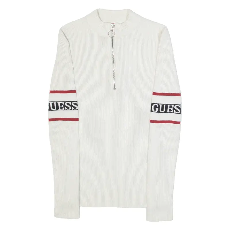 GUESS Womens Jumper White 1/4 Zip Tight Knit XS