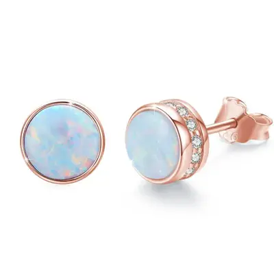 Sterling Silver with Rose Gold Plated Opal Round Stud Earrings