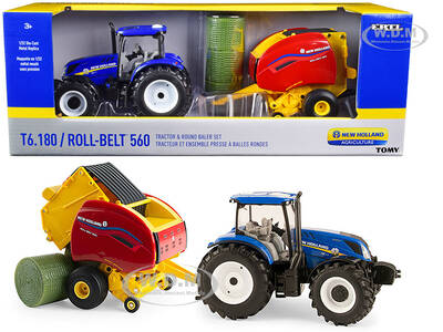 New Holland T6.180 Tractor Blue with New Holland Roll-Belt 560 Baler Red and 3 Bales Set of 3 pieces 1/32 Diecast Models by E...