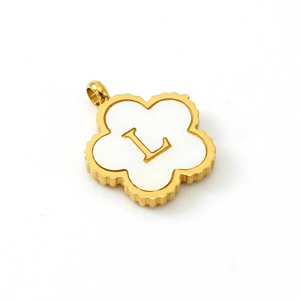 Golden Tone Stainless Steel Pave White Shell Letter Flower Charms