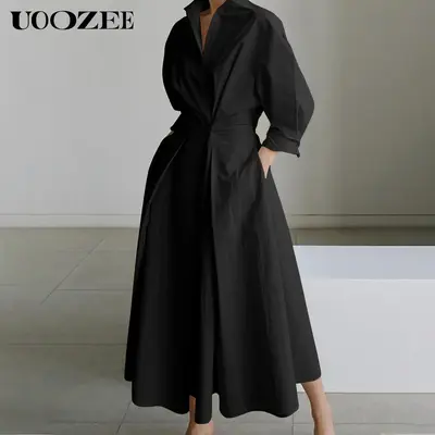 UOOZEE Women's Black Long-Sleeved Loose Fit Solid Color Lapel Mid-Length Dress with Waist Design Comfortable Elegant for Comm...