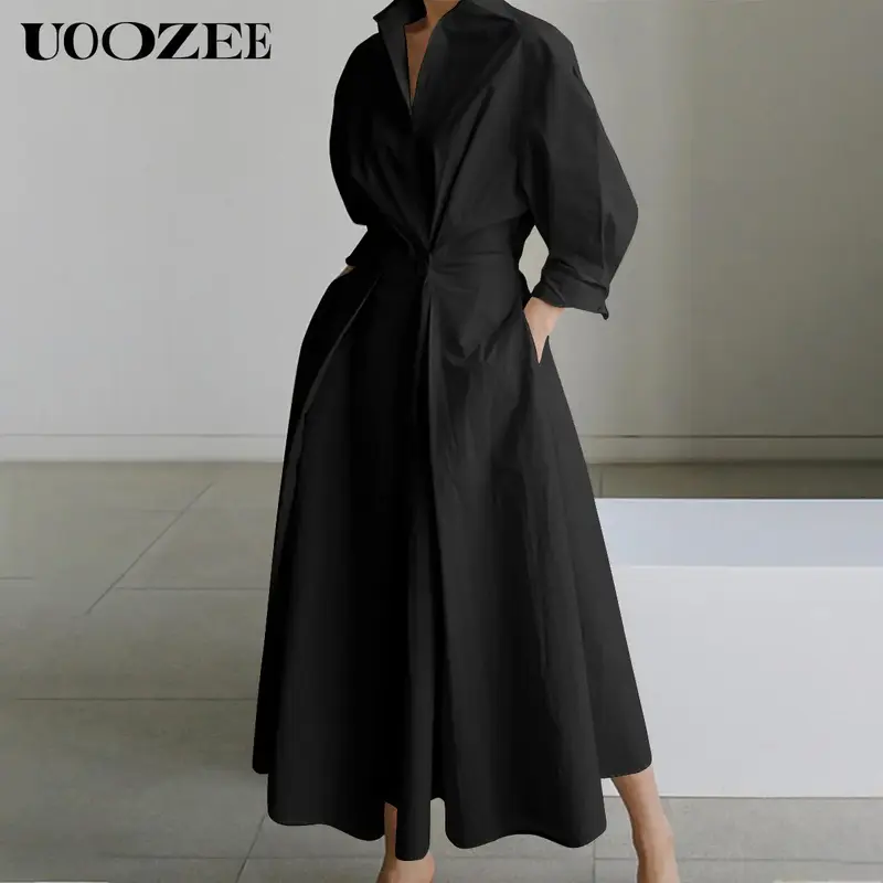 UOOZEE Women's Black Long-Sleeved Loose Fit Solid Color Lapel Mid-Length Dress with Waist Design Comfortable Elegant for Comm...