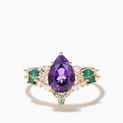 1.25CT Pear Cut Natural Amethyst Engagement Ring Emerald Diamond Bridal Set