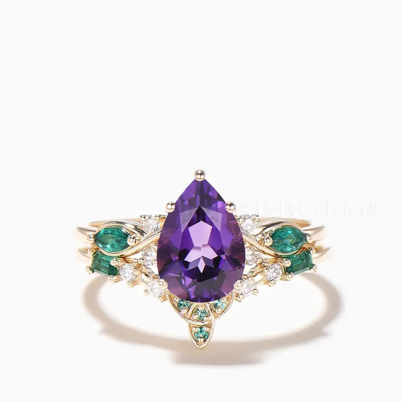 1.25CT Pear Cut Natural Amethyst Engagement Ring Emerald Diamond Bridal Set