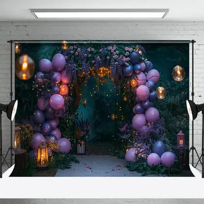 Green Purple Balloons Light Plant Wedding Backdrop