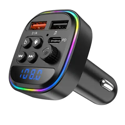 Wireless Car FM Transmitter, 1 Count Multifunctional Car Charger with Colorful Atmosphere Light, Dual USB & 1 Type-C Port Car...