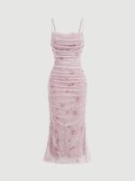 Floral Print Mesh Ruched Bodycon Cami Dress Spaghetti Strap Summer Long DressesY2K