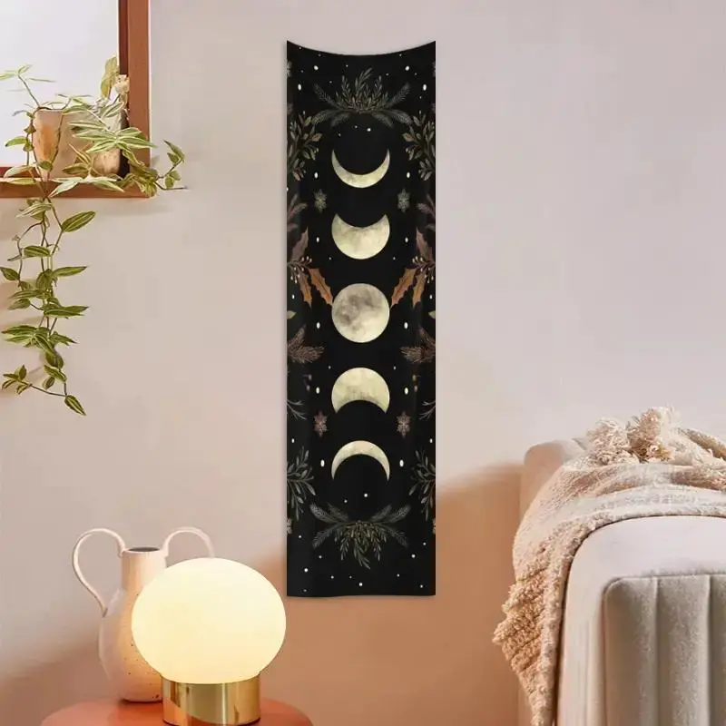 Moon & Plant Print Tapestry, 1 Count Boho Moon Phase Wall Hanging, Wall Decor For Home Bedroom & Living Room