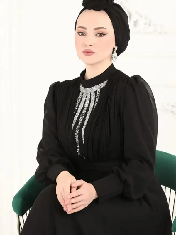 Elegant Women's High Waist Rhinestone Embellished Dress, Two-Layer Chiffon Loose-Fit Long Robe, Casual All-Season Woven Fabri...